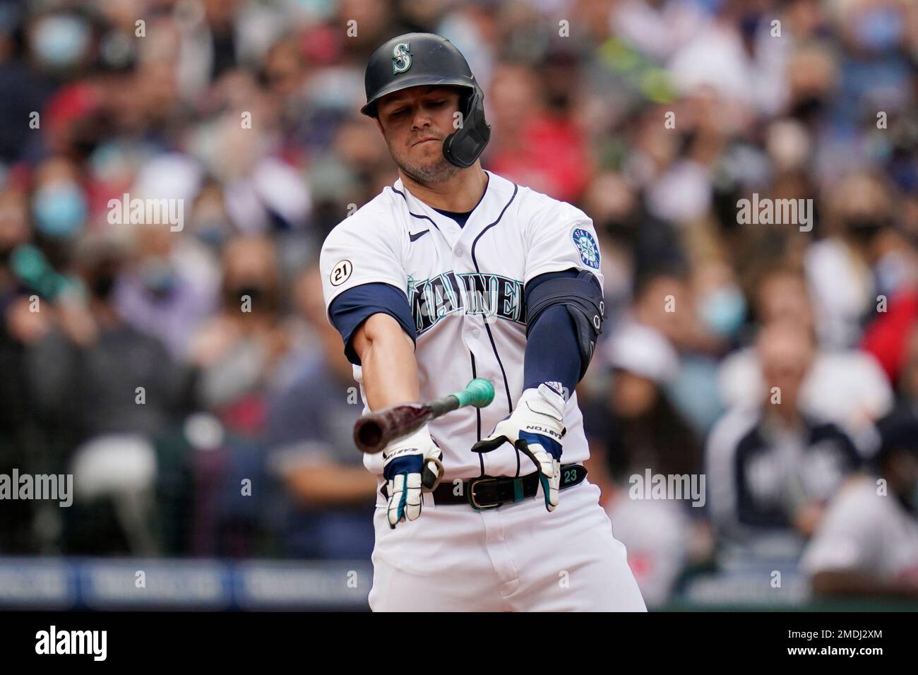 Seattle Mariners' Ty France slams down his bat after striking out swinging  against the Boston Red Sox to end the third inning of a baseball game  Wednesday, Sept. 15, 2021, in Seattle. (