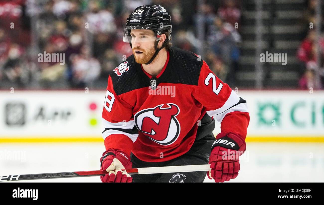 New Jersey Devils defenseman Damon Severson (28) during the NHL game  between the New Jersey Devils and the Carolina Hurricanes at the PNC Arena  Stock Photo - Alamy