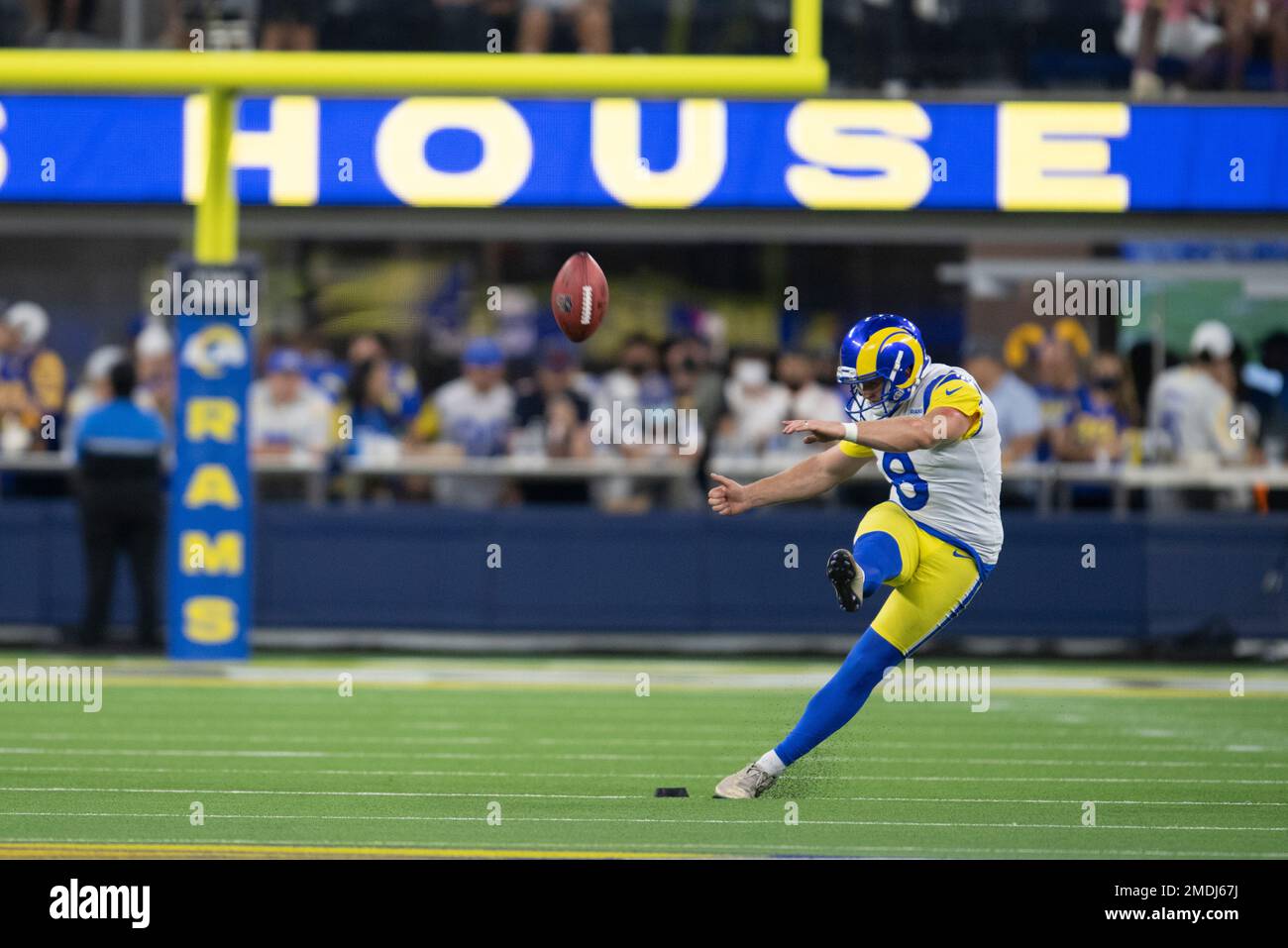Los Angeles Rams kicker Matt Gay (8) kicks off during an NFL football ...