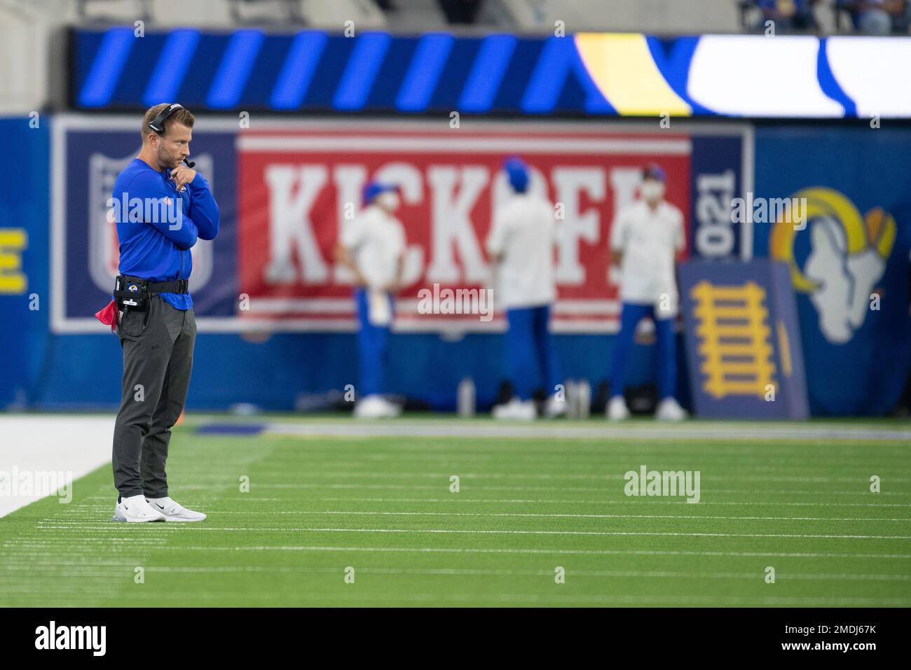 Los Angeles Rams head coach Sean McVay watches his team during an NFL