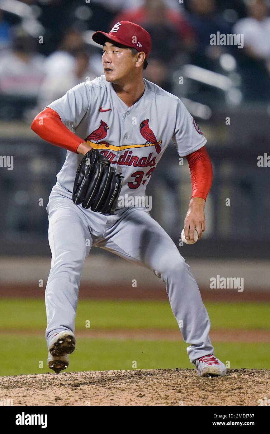 St. Louis Cardinals' Kwang Hyun Kim winds up during the 11th inning of the  team's baseball game against the New York Mets on Tuesday, Sept. 14, 2021,  in New York. The Cardinals