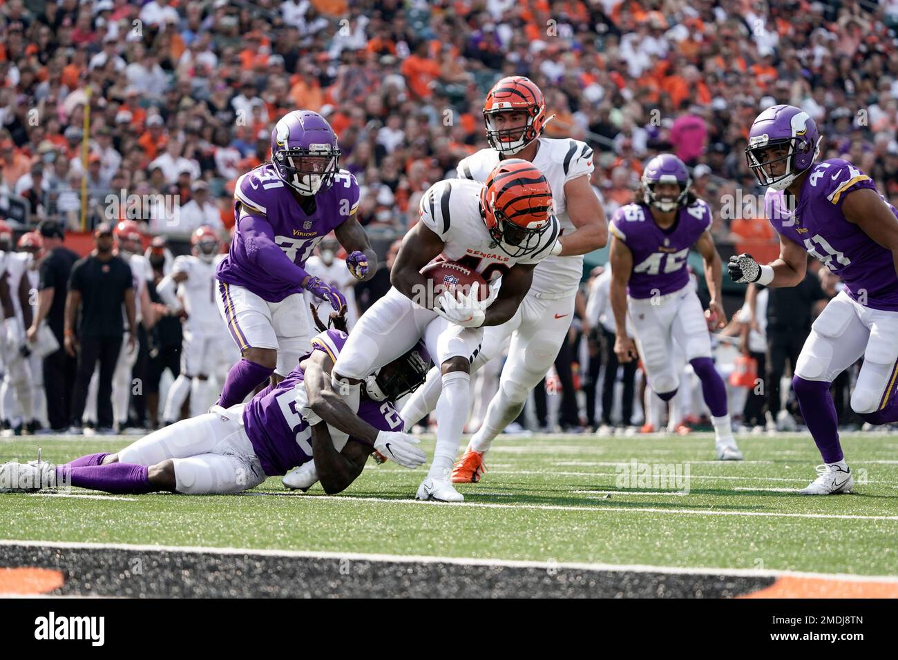 Cincinnati Bengals' Brandon Wilson (40) is tackled by Minnesota Vikings