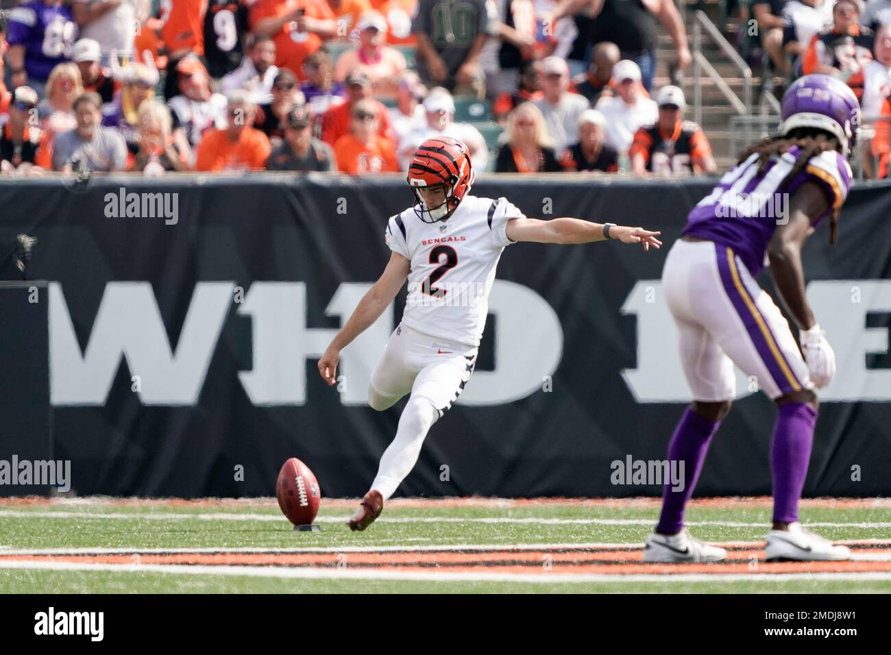 Cincinnati Bengals kicker Evan McPherson (2) kicks during an NFL