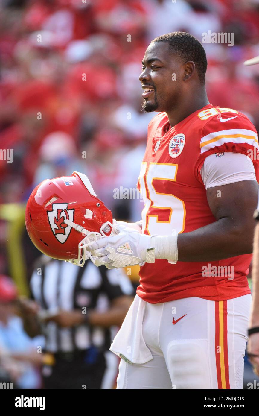 Kansas City Chiefs defensive end Chris Jones during the first half of an  NFL football game against the Cleveland Browns, Sunday, Sept.12, 2021 in  Kansas City, Mo. (AP Photo/Reed Hoffmann Stock Photo 