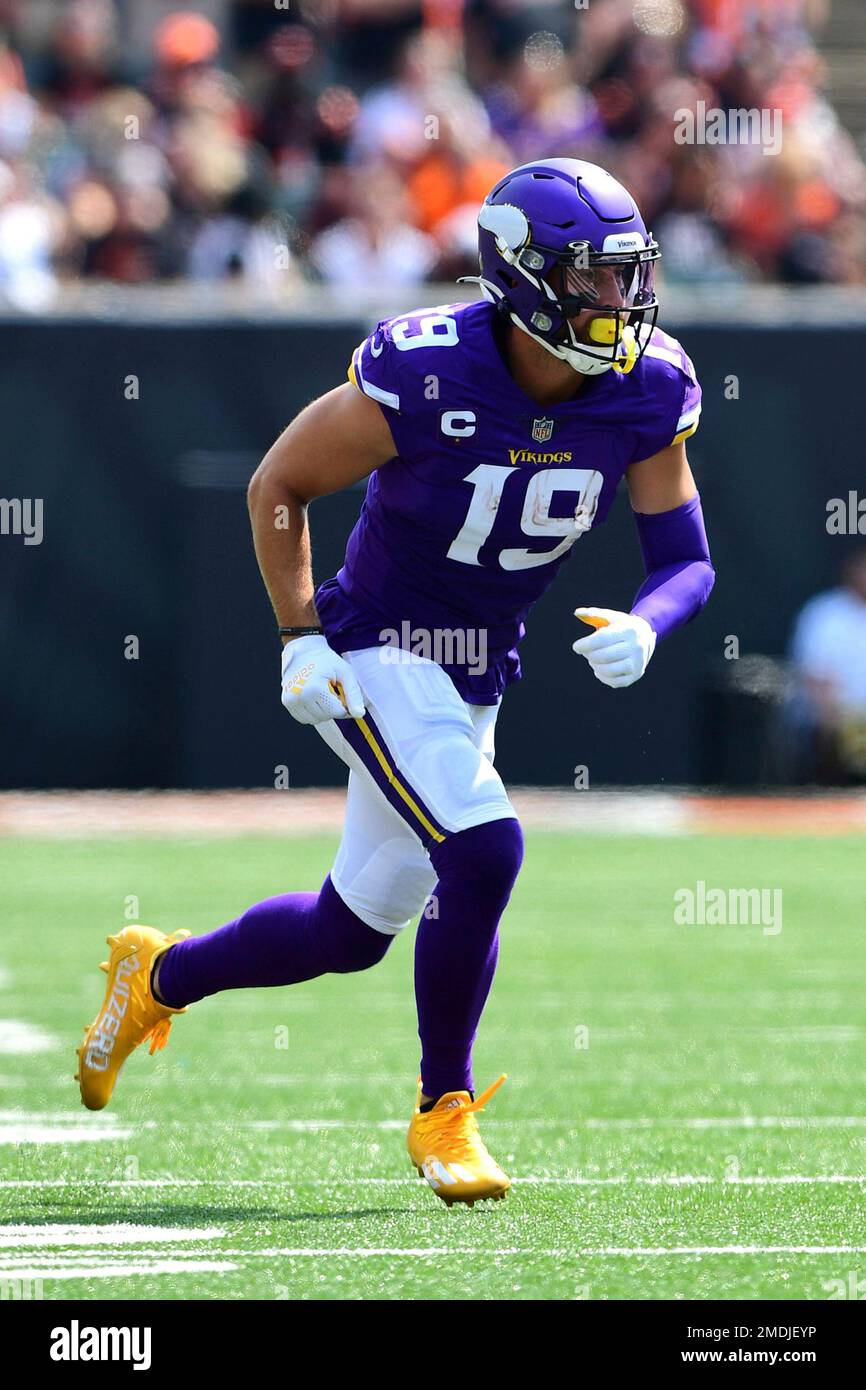 San Francisco 49ers cornerback Richard Sherman (25) breaks up a pass  intended for Minnesota Vikings wide receiver Adam Thielen (19) during an  NFL divisional playoff game, Saturday, Jan. 11, 2020, in Santa