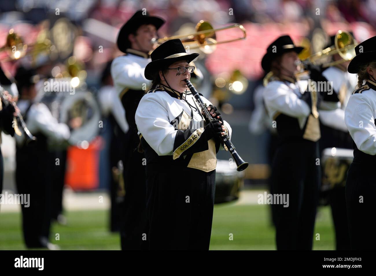 Colorado marching band performs in the first half of an NCAA college