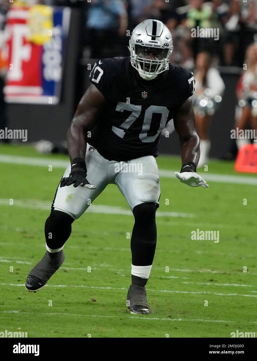 Las Vegas Raiders offensive tackle Alex Leatherwood (70) plays against the  Baltimore Ravens during the first half of an NFL football game, Monday,  Sept. 13, 2021, in Las Vegas. (AP Photo/Rick Scuteri