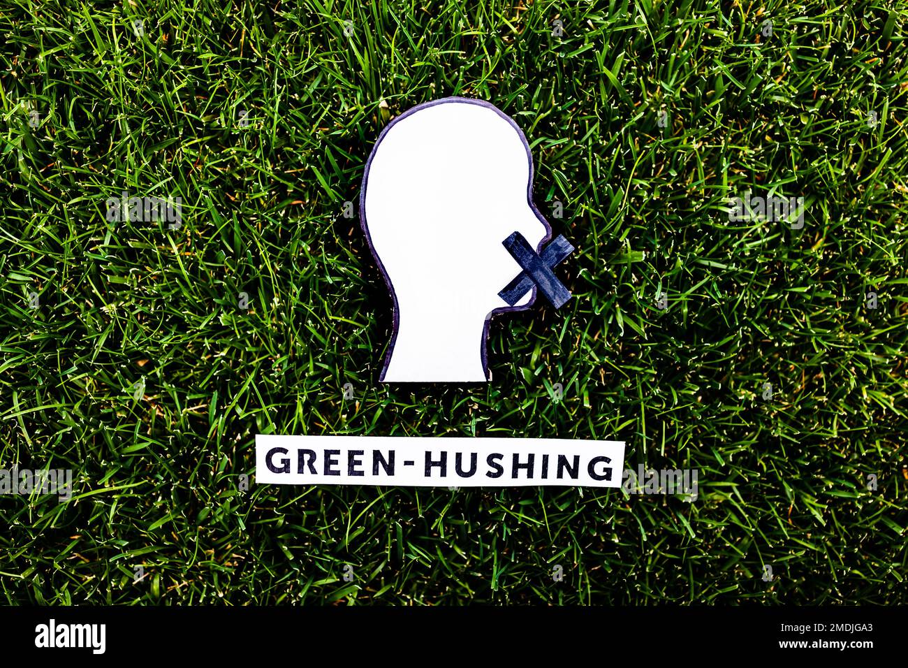 green-hushing concept about companies staying silent about their environmental footprints and policies, text and face with  mouth shut on green grass Stock Photo