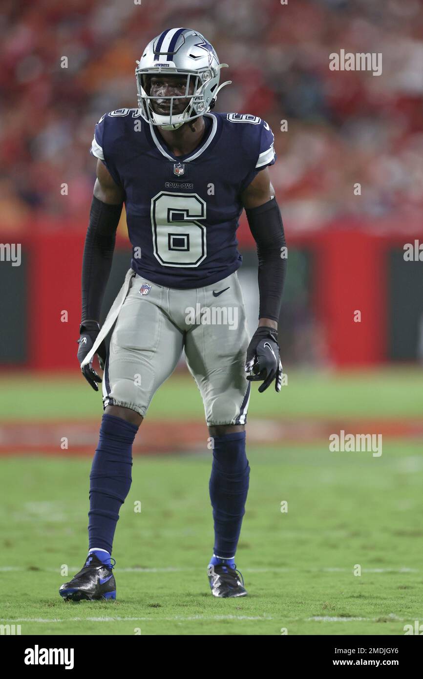 Dallas Cowboys defensive bak Donovan Wilson (6) jogs off the field after an  NFL football game against the Denver Broncos, Sunday, Nov. 7, 2021, in  Arlington, Texas. (AP Photo/Matt Patterson Stock Photo - Alamy