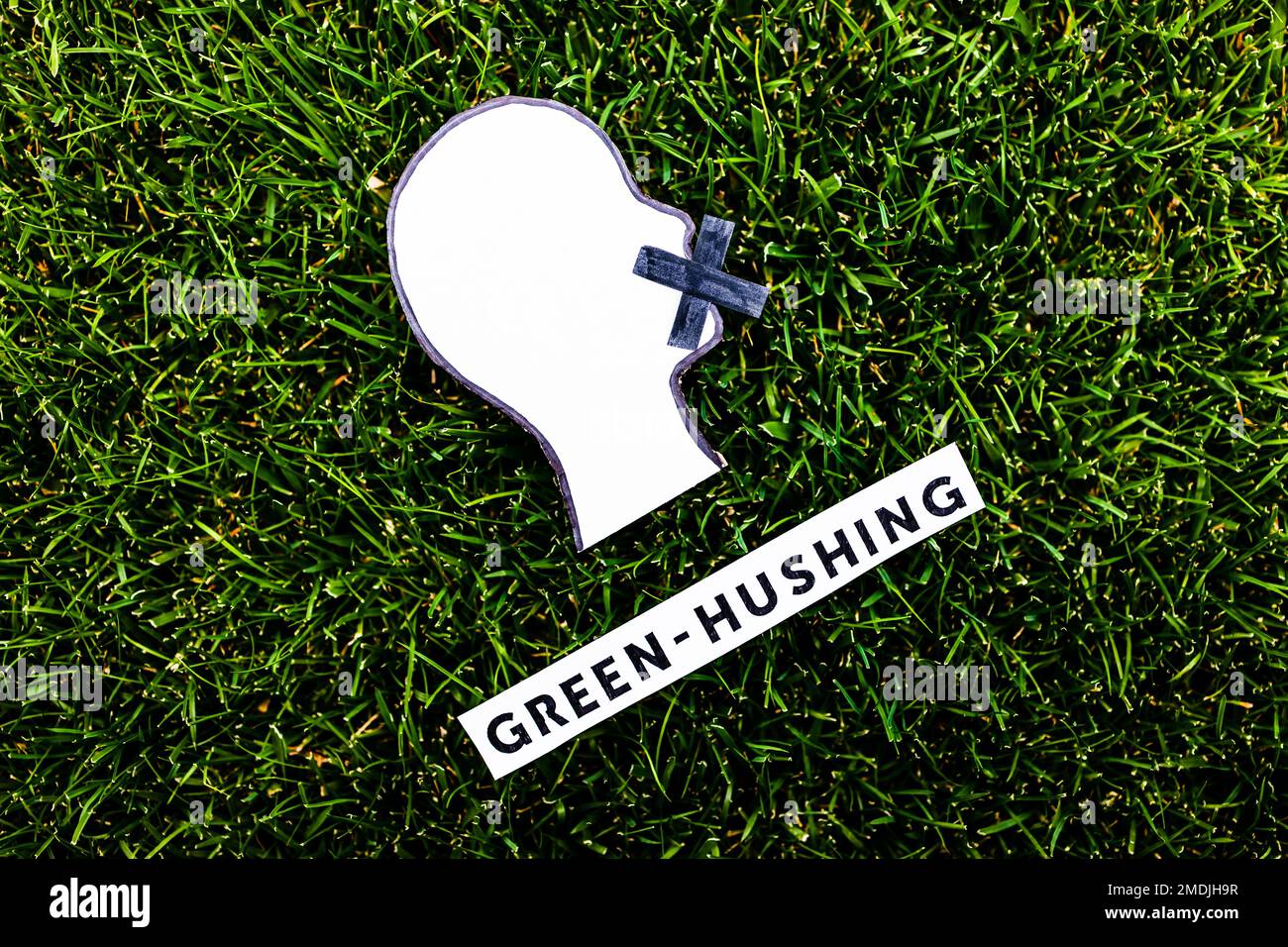 green-hushing concept about companies staying silent about their environmental footprints and policies, text and face with  mouth shut on green grass Stock Photo
