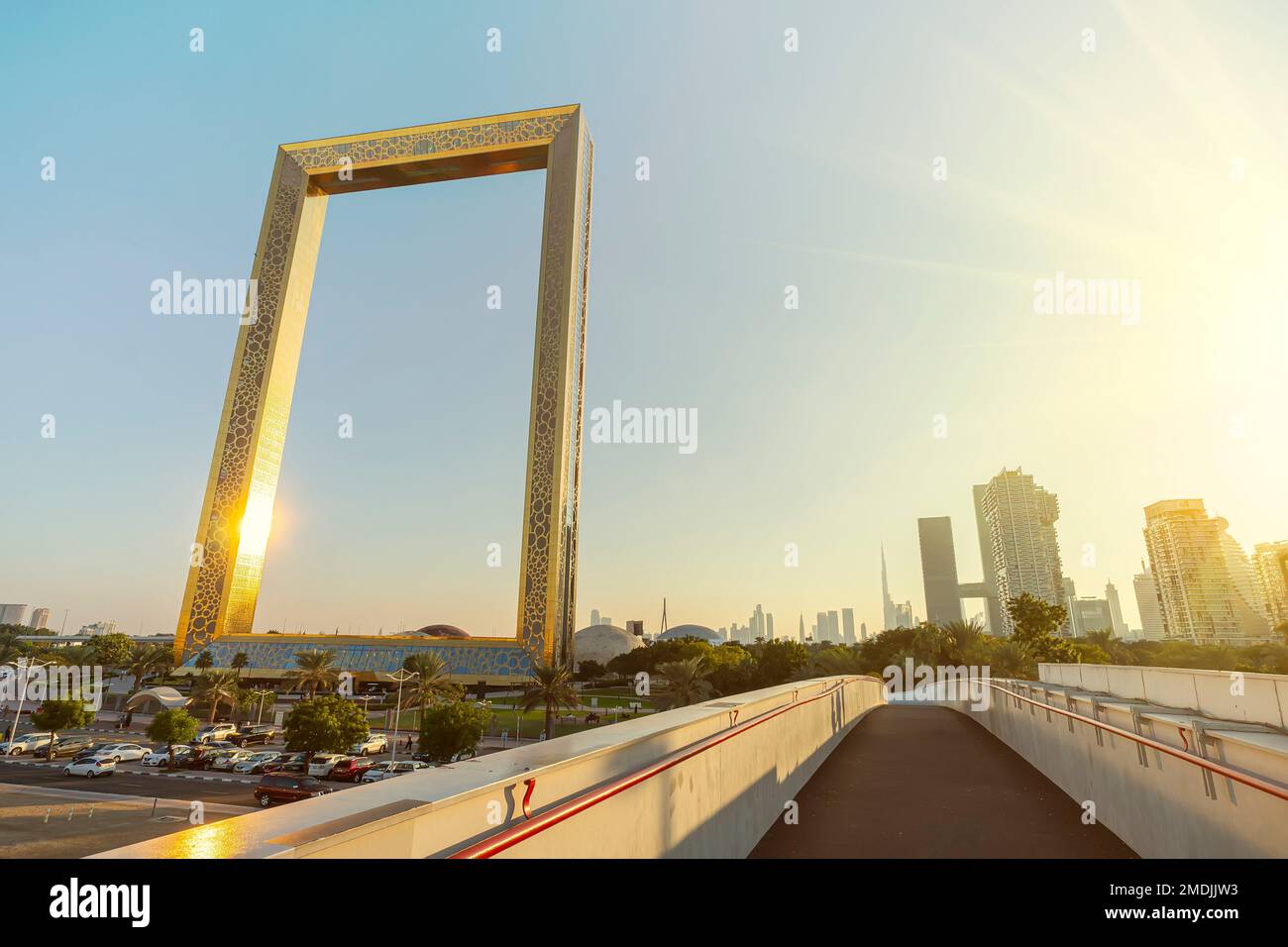 Dubai, UAE. November 25, 2022: Amazing panoramic view of the world largest gold frame made in Dubai, UAE Dubai frame featuring Dubai skyline on day Stock Photo