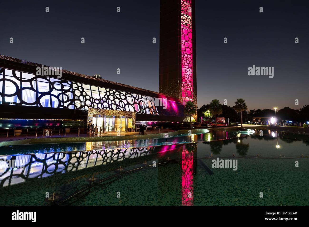 Dubai, UAE. November 25, 2022: fountain in front Dubai Frame is an architectural landmark located in Zabeel Park in Dubai city in UAE Stock Photo