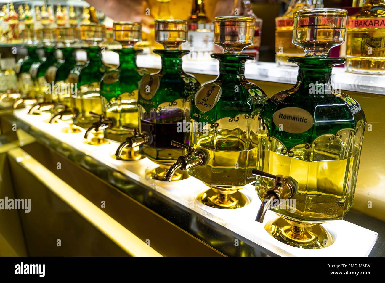 Closeup of bottles of essential oils used in perfume making displayed