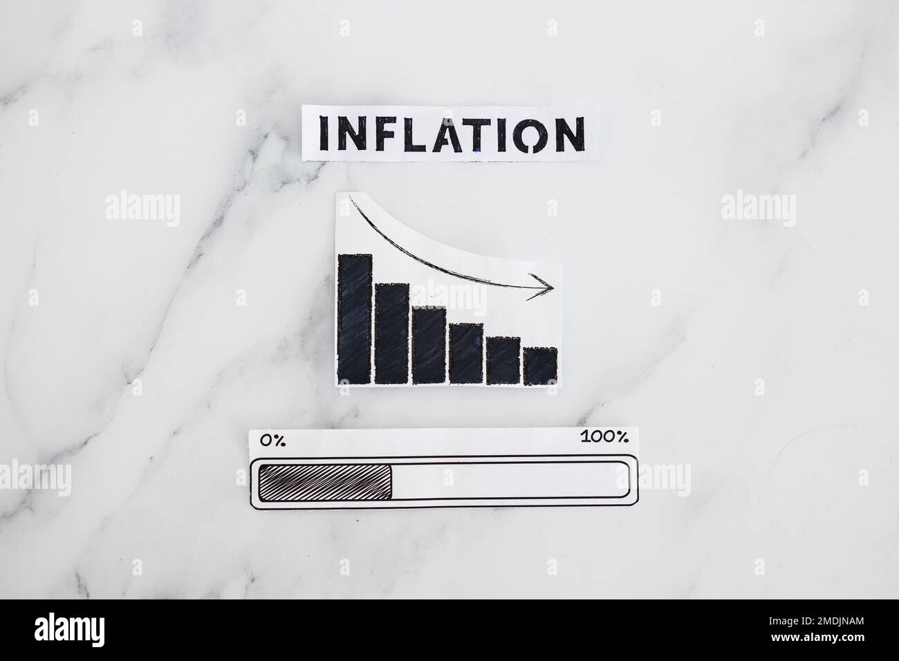 inflation rates going down, text with graph showing stats decreasing and progress bar loading underneath Stock Photo