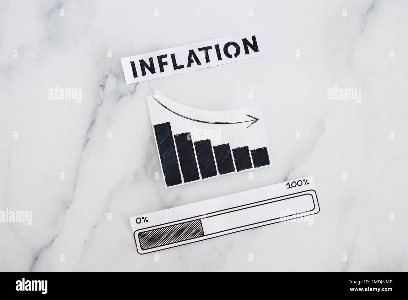 inflation rates going down, text with graph showing stats decreasing and progress bar loading underneath Stock Photo