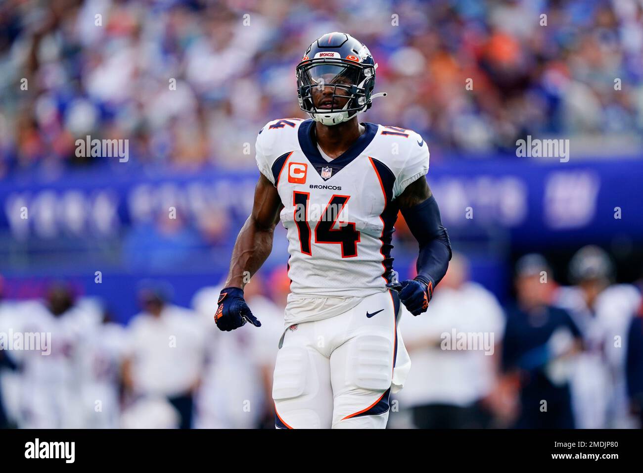 Denver Broncos wide receiver Courtland Sutton (14) catches the ball against  the Las Vegas Raiders of an NFL football game Sunday August 10, 2023, in  Denver. (AP Photo/Bart Young Stock Photo - Alamy