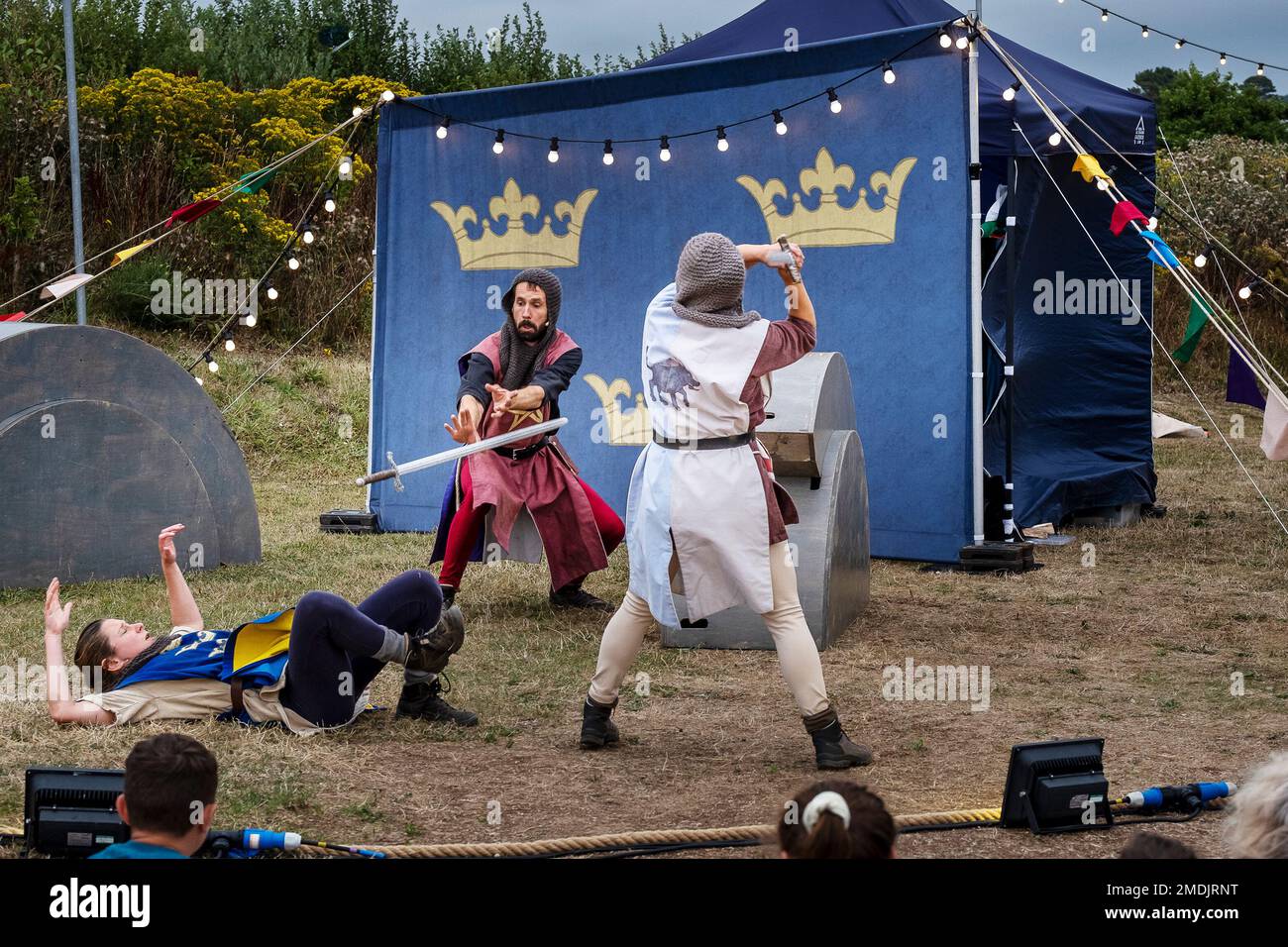 King Arthur performed by The Last Baguette a touring theatre theater company performing at Newquay Orchard in Cornwall in the UK. Stock Photo
