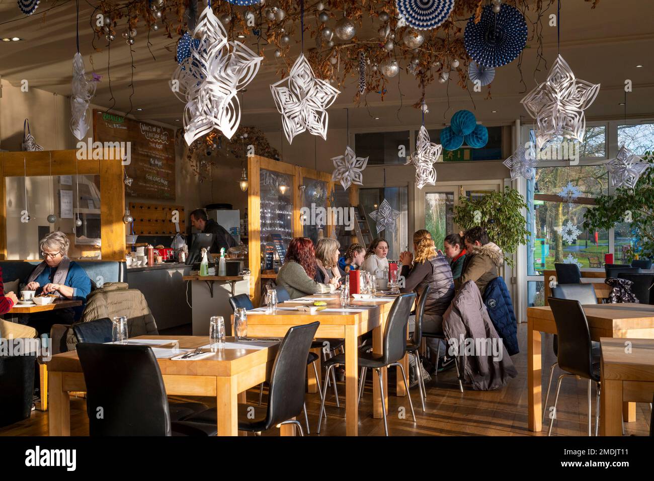 A group of customers sitting at tables in a restaurant at Christmas. Stock Photo