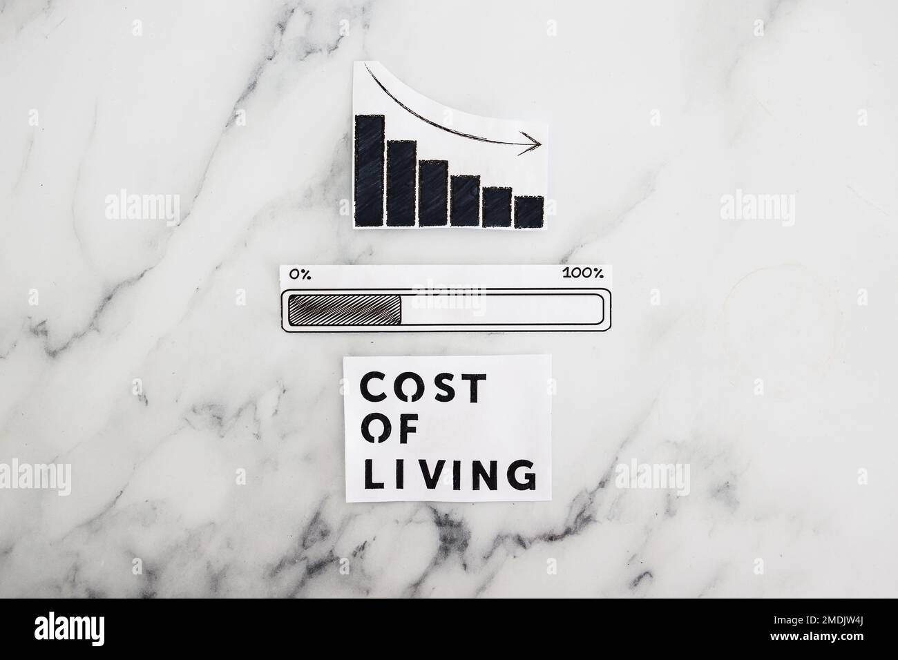 cost of living going down, text with graph showing stats decreasing and progress bar loading underneath Stock Photo