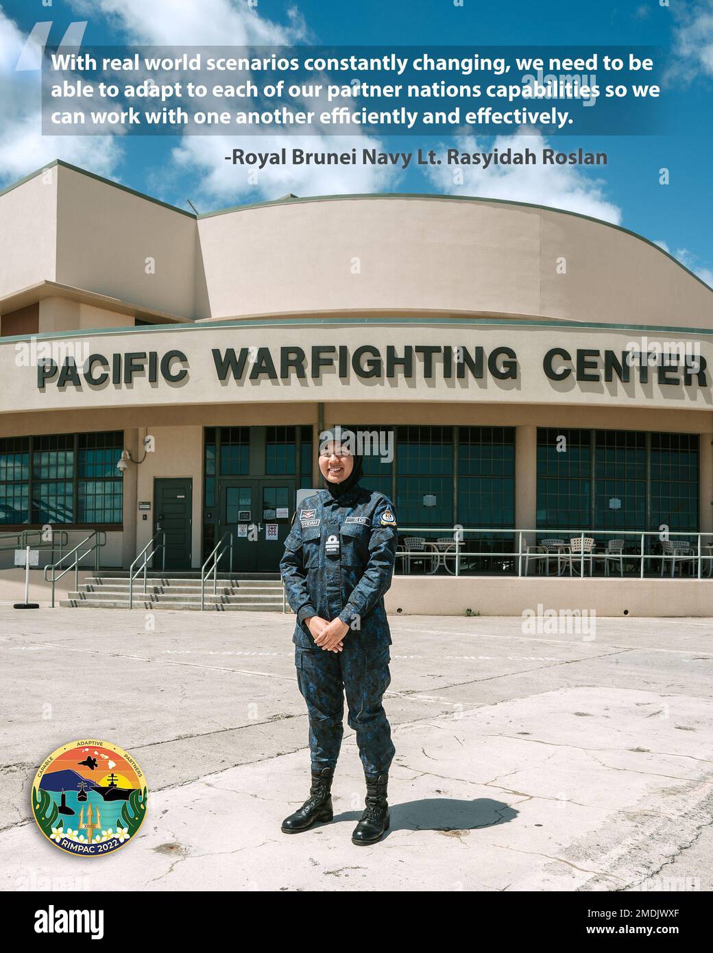 220725-N-N0842-1002 PEARL HARBOR (July 25, 2022) - Royal Brunei Navy Lt. Rasyidah Roslan, Combined-Force Maritime Component Commander Assistant Battle Watch Captain, poses for a photograph at the K. Mark Take Pacific Warfighting Center during Rim of the Pacific (RIMPAC) 2022. Twenty-six nations, 38 ships, three submarines, more than 170 aircraft and 25,000 personnel are participating in RIMPAC from June 29 to Aug. 4 in and around the Hawaiian Islands and Southern California. The world’s largest international maritime exercise, RIMPAC provides a unique training opportunity while fostering and s Stock Photo