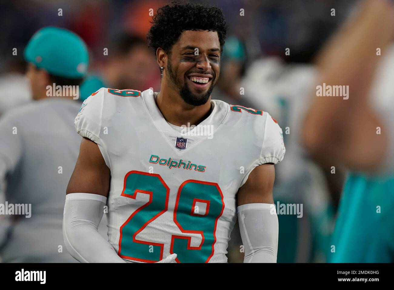 Miami Dolphins safety Brandon Jones (29) eyes the quarterback as he drops  back in coverage during an NFL football game against the Buffalo Bills,  Sunday, Sept. 25, 2022 in Miami Gardens, Fla.