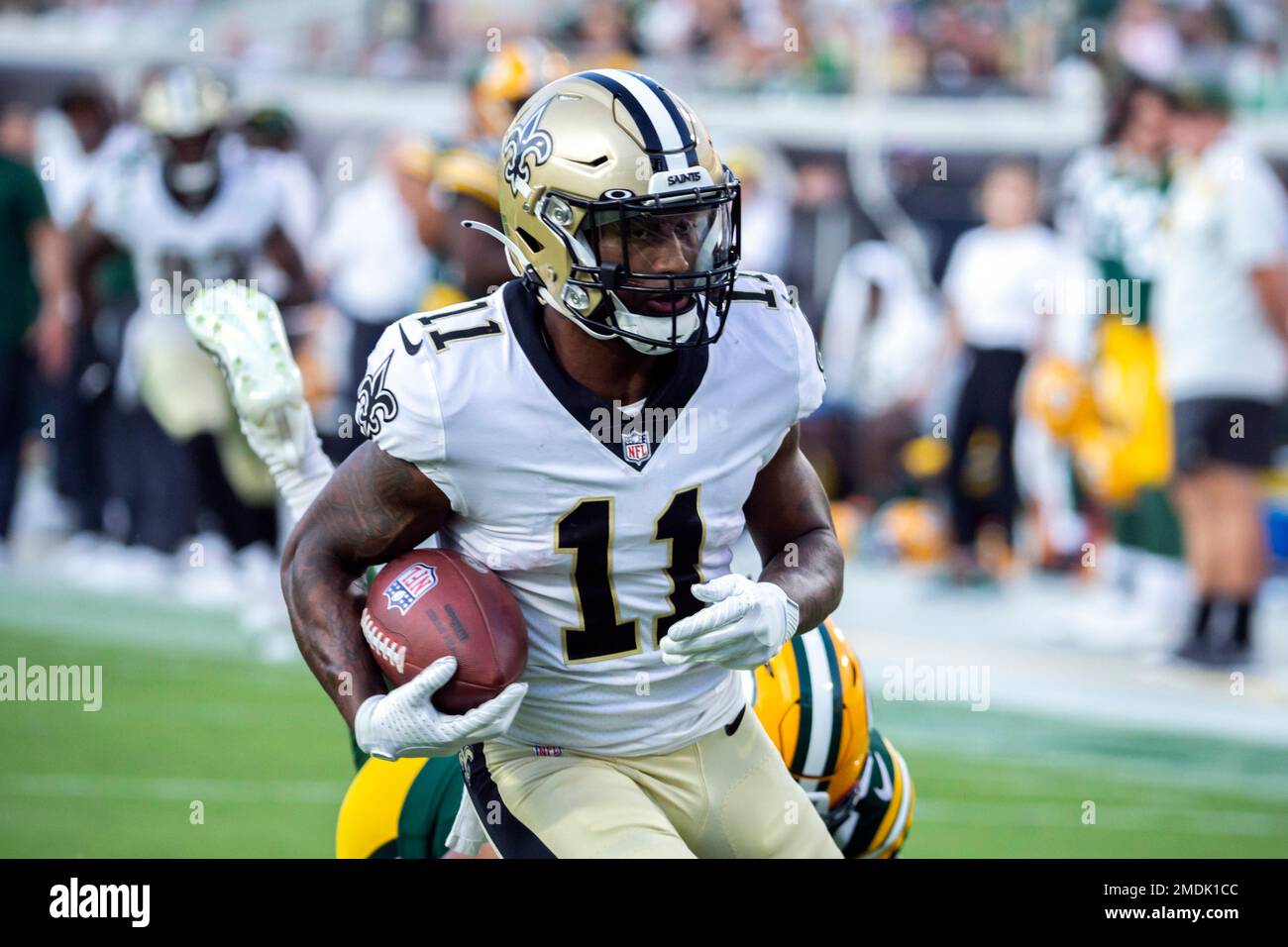 New Orleans Saints wide receiver Deonte Harris (11) scores a touchdown  during the second half of an NFL football game Green Bay Packers, Sunday,  Sept. 12, 2021, in Jacksonville, Fla. (AP Photo/Stephen