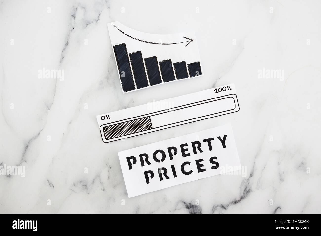 real estate market growing and plunging, property prices text chart showing stats going up and down with progress bar loading underneath Stock Photo