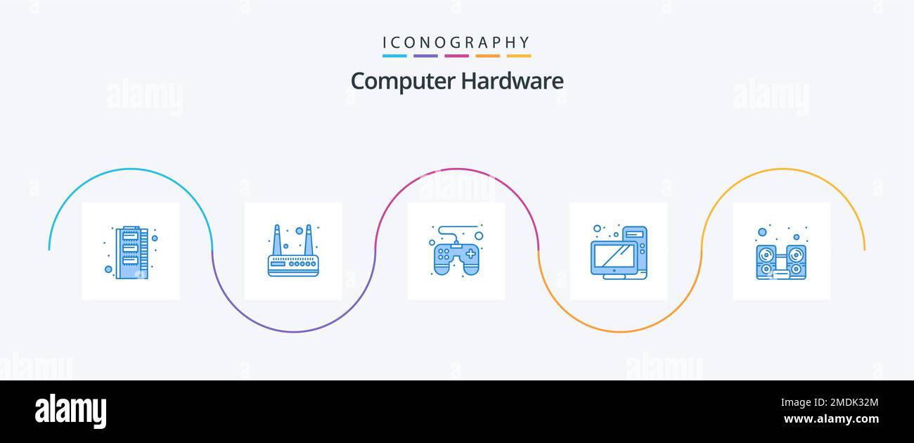 Computer Hardware Blue 5 Icon Pack Including speaker. hardware. game pad. computer. hardware Stock Vector