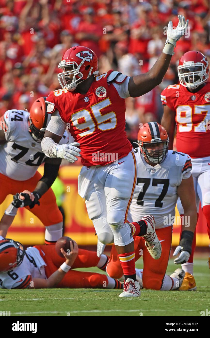 Kansas City Chiefs defensive end Chris Jones during the first half of an  NFL football game against the Cleveland Browns, Sunday, Sept.12, 2021 in  Kansas City, Mo. (AP Photo/Reed Hoffmann Stock Photo 