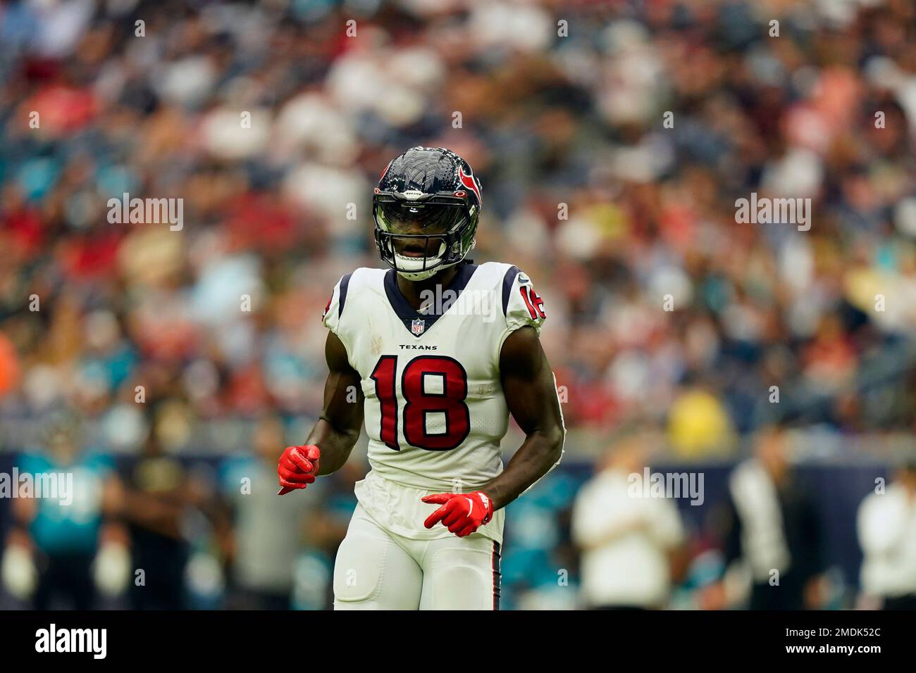 Houston Texans wide receiver Chris Conley (18) lines up against the  Jacksonville Jaguars during the second half of an NFL football game Sunday,  Sept. 12, 2021, in Houston. (AP Photo/Eric Christian Smith