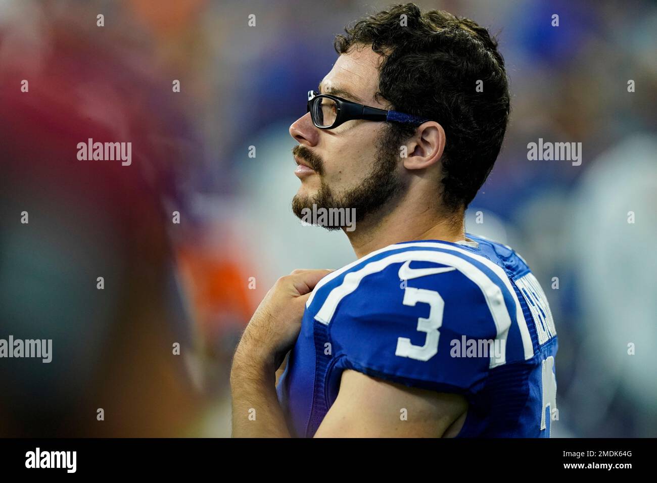 September 12, 2021: Indianapolis Colts kicker Rodrigo Blankenship (3)  during NFL football game action between the Seattle Seahawks and the Indianapolis  Colts at Lucas Oil Stadium in Indianapolis, Indiana. Seattle defeated  Indianapolis