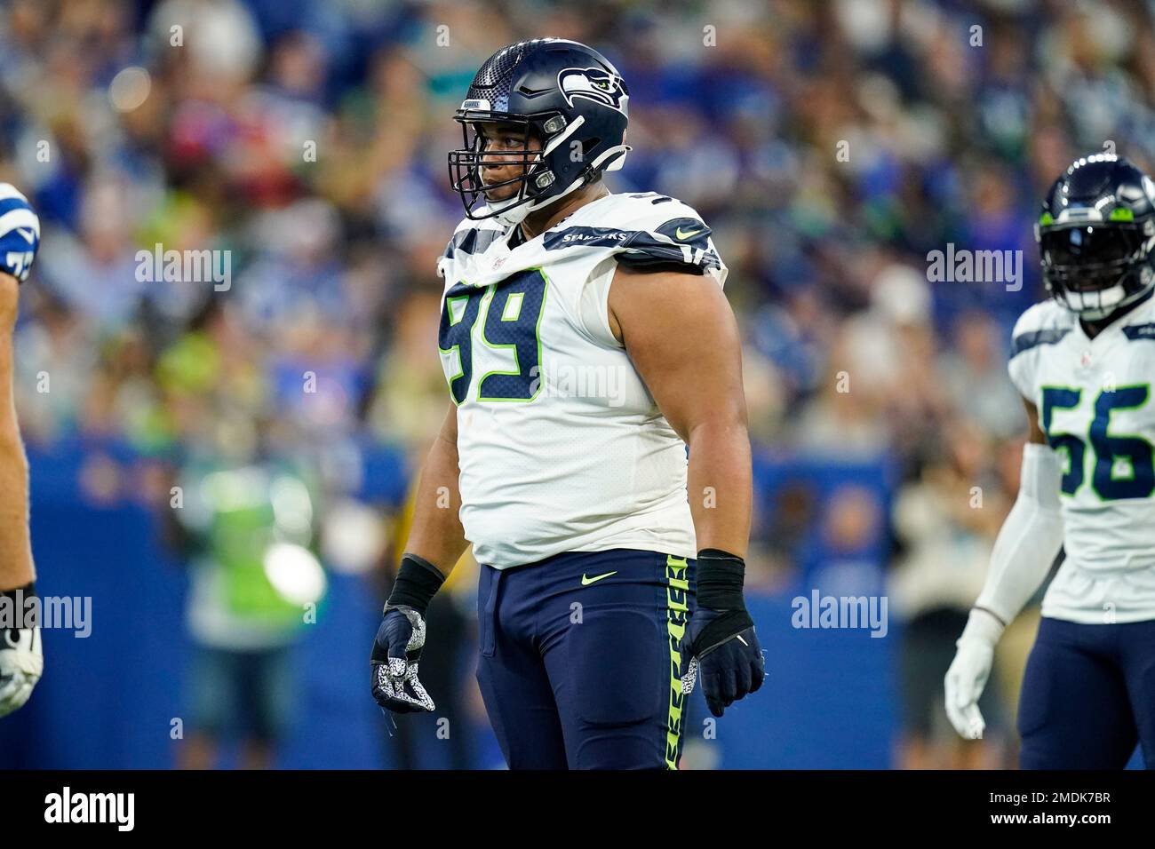 Seattle Seahawks defensive tackle Al Woods (99) reacts after a play during  an NFL football game against the Seattle Seahawks, Sunday, Sept. 18, 2022,  in Santa Clara, Calif. (AP Photo/Scot Tucker Stock