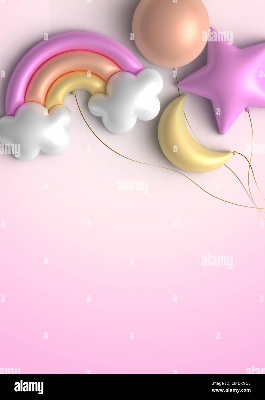 Baby shower invitation card with balloons shaped as rainbow, star and