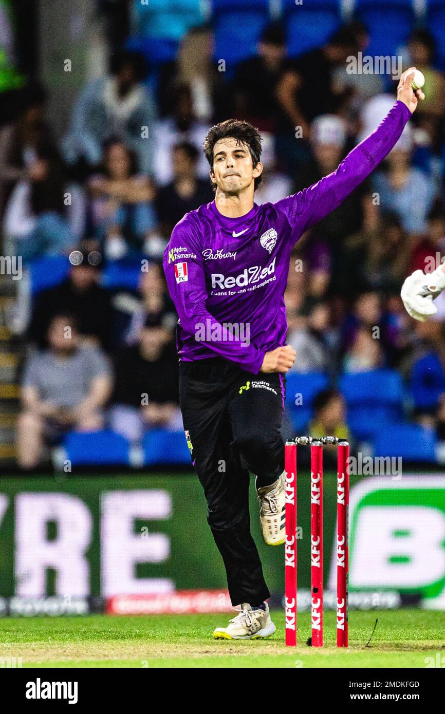 Paddy Dooley of Hobart Hurricanes, bowling during the Big Bash League (BBL)  cricket match between the Hobart Hurricanes and the Sydney Sixers at  Blundstone Arena in Hobart, Monday, January 23, 2023. (AAP