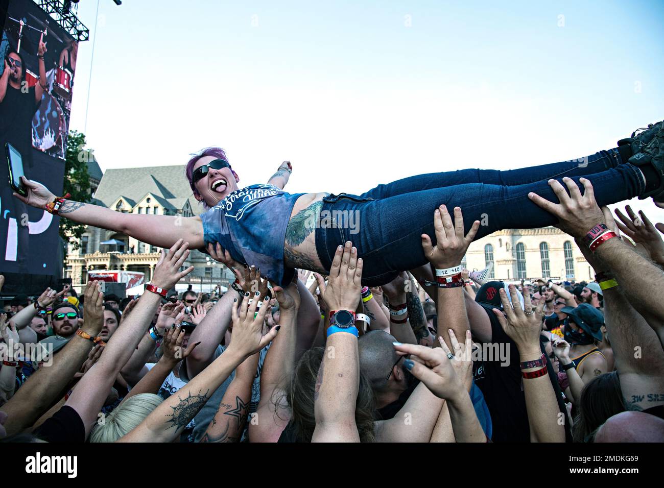 Festival goer crowd surfs at Inkcarceration Music and Tattoo Festival