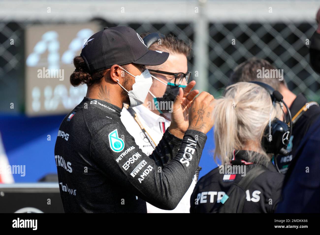 Mercedes driver Lewis Hamilton of Britain gestures prior to the Sprint ...