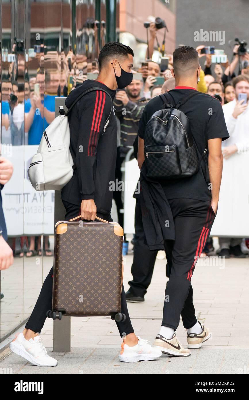 Manchester United's Cristiano Ronaldo leaves the hotel before the team's  English Premier League soccer match against Newcastle United at Old  Trafford Stadium, in Manchester, England, Saturday, Sept. 11, 2021. (AP  Photo/Jon Super