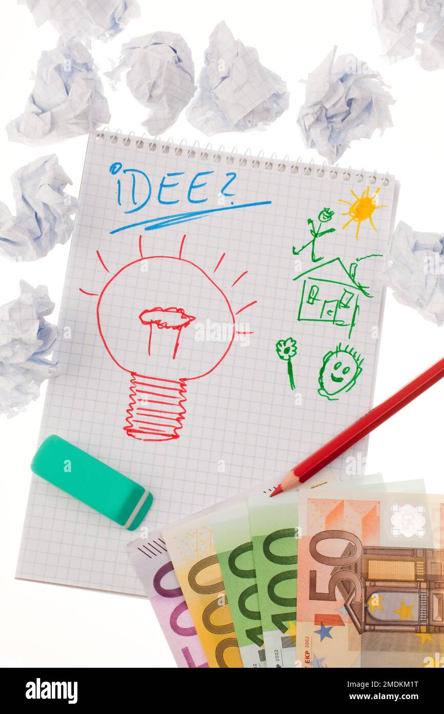sheet of paper with the word Idee, a drawing of an electric bulb and Euro bills Stock Photo