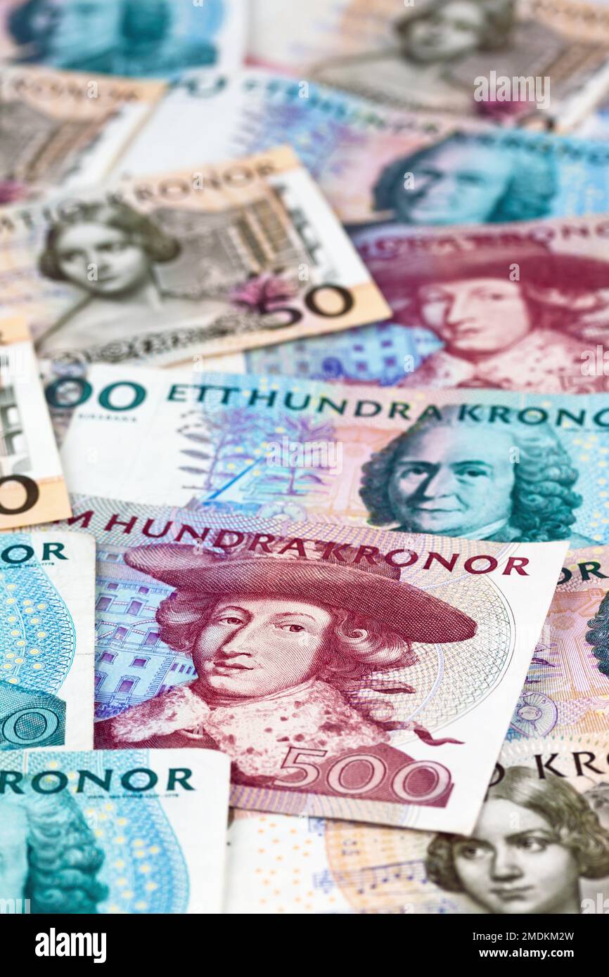 old Swedish kronors with drawings of Karl XI, Carl Linnaeus and Jenny Lind,  Sweden Stock Photo - Alamy