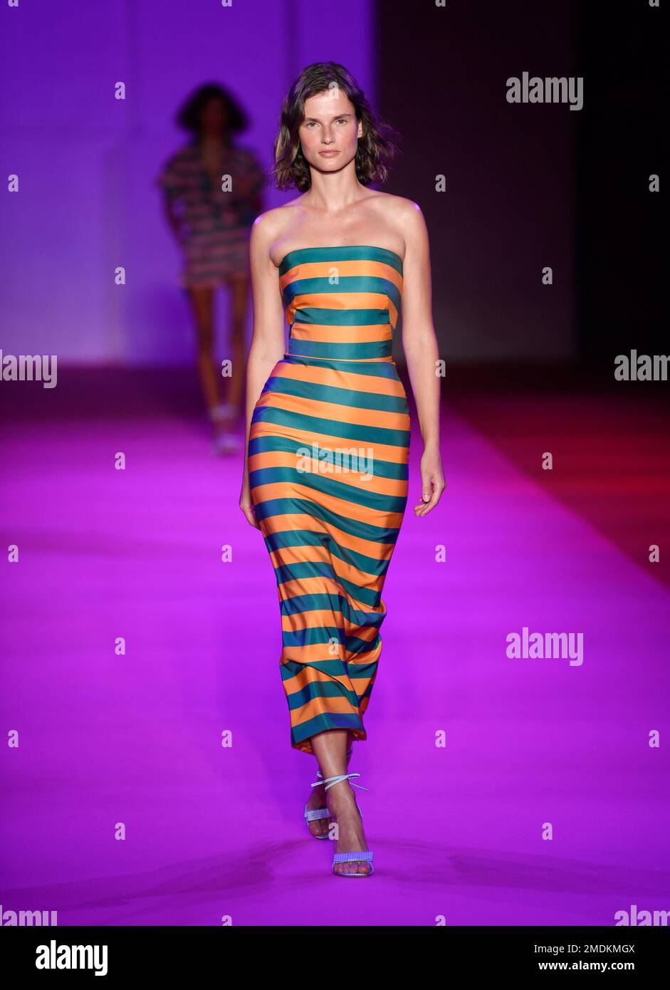 A model walks the runway at the Brandon Maxwell spring/summer 2022 fashion  show in the Brooklyn borough of New York during Fashion Week on Friday,  Sept. 10, 2021. (Photo by Evan Agostini/Invision/AP