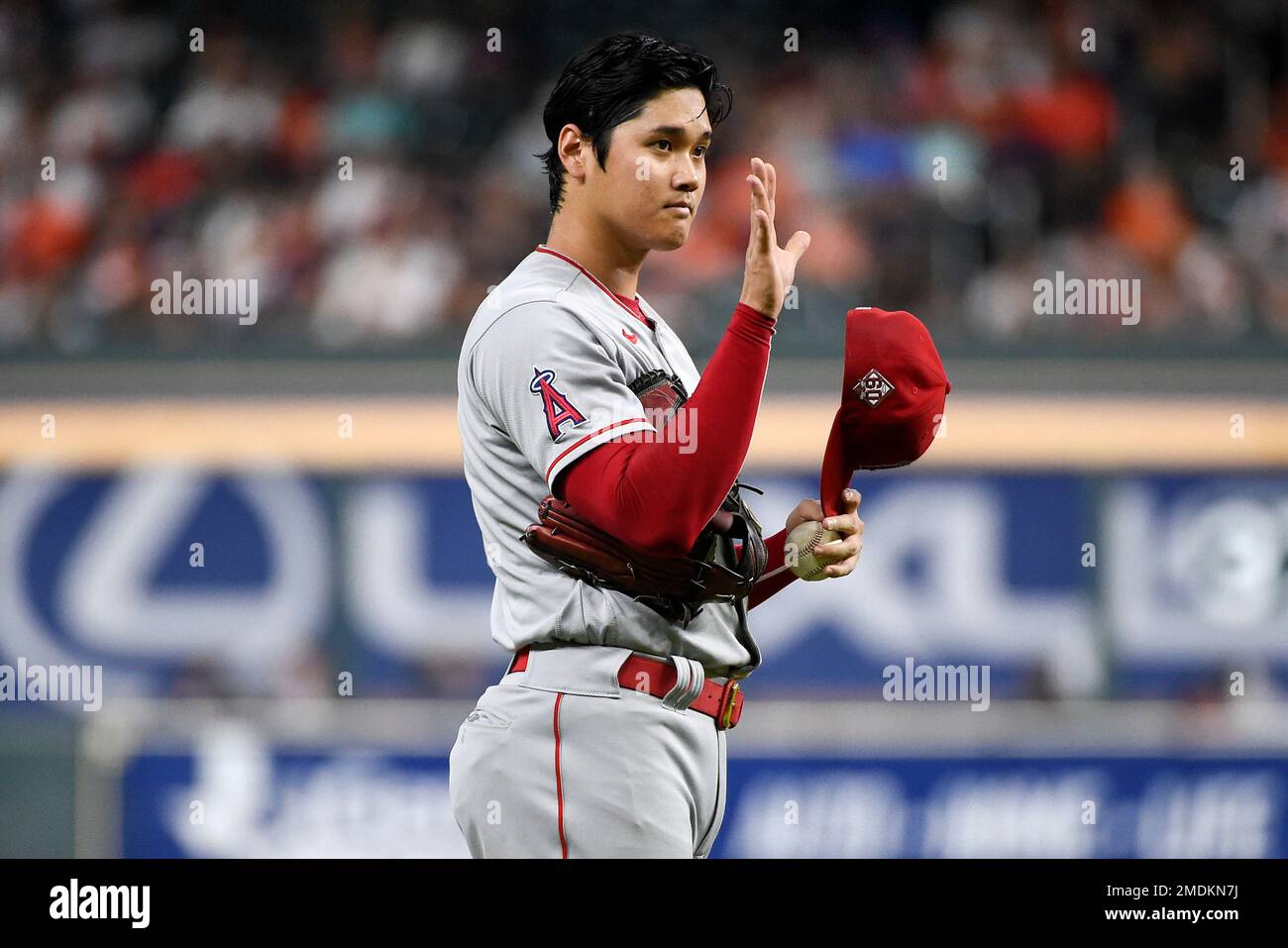 Los Angeles Angels starting pitcher Shohei Ohtani signals to catcher Kurt  Suzuki during the first inning of a baseball game against the Houston  Astros, Friday, Sept. 10, 2021, in Houston. (AP Photo/Eric