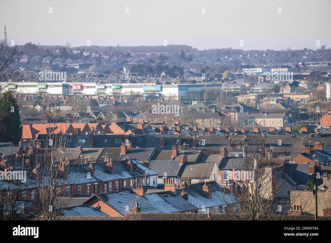 View over the Midland market town of Mansfield, Nottinghamshire