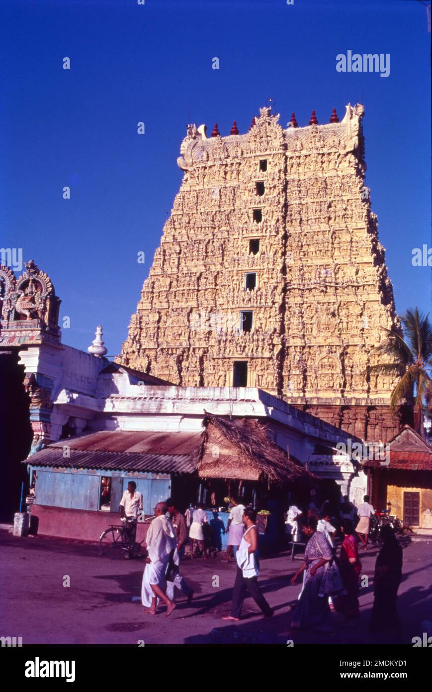 The Thanumalayan Temple, also called Sthanumalayan Temple is an important Hindu temple located in Suchindram in the Kanyakumari district of Tamil Nadu, India. Suchindram Temple also known as Thanumalayan Temple is located in Suchindram district of Kanyakumari. The striking aspect of this temple is that it is dedicated to the Trinity of God, Lord Shiva, Lord Vishnu and Lord Brahma. Stock Photo