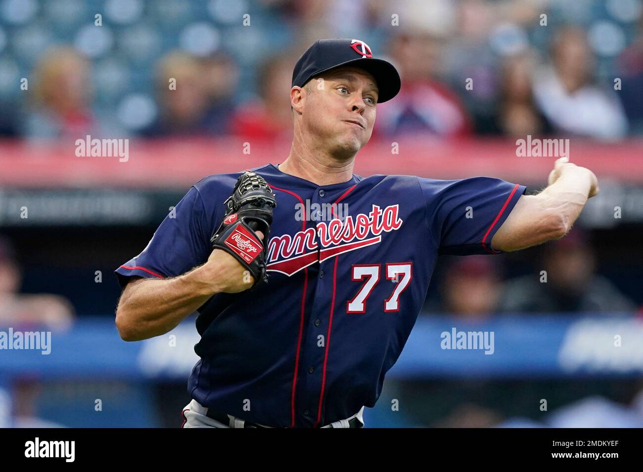 Minnesota Twins starting pitcher Andrew Albers throws out Cleveland Indians Owen Miller at first base in the second inning of a baseball game Thursday Sept. 9 2021 in Cleveland. AP Photo Tony Dejak