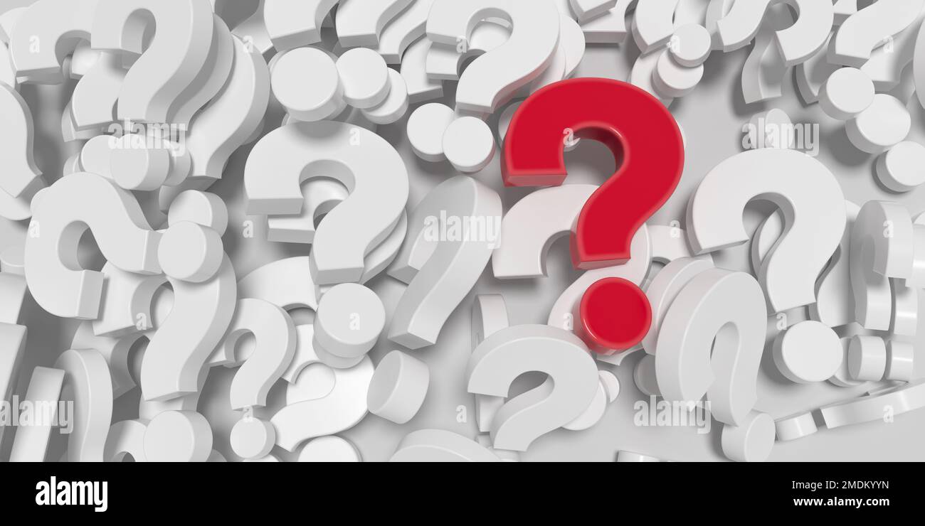 Large pile of white question mark symbols and highlight one red on top