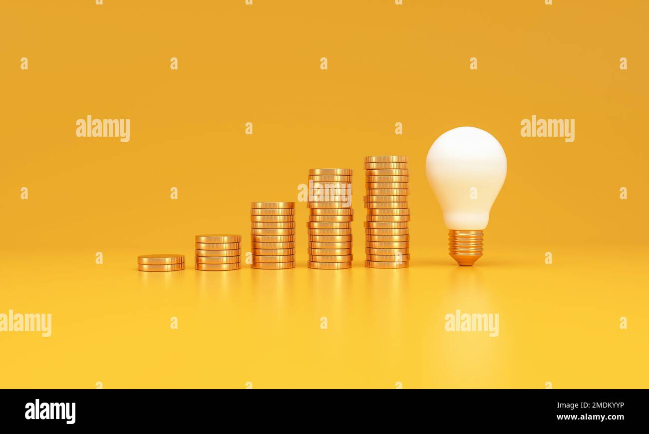Coins and light bulb. concept saving money. Expensive heating concept. 3d illustration. Stock Photo
