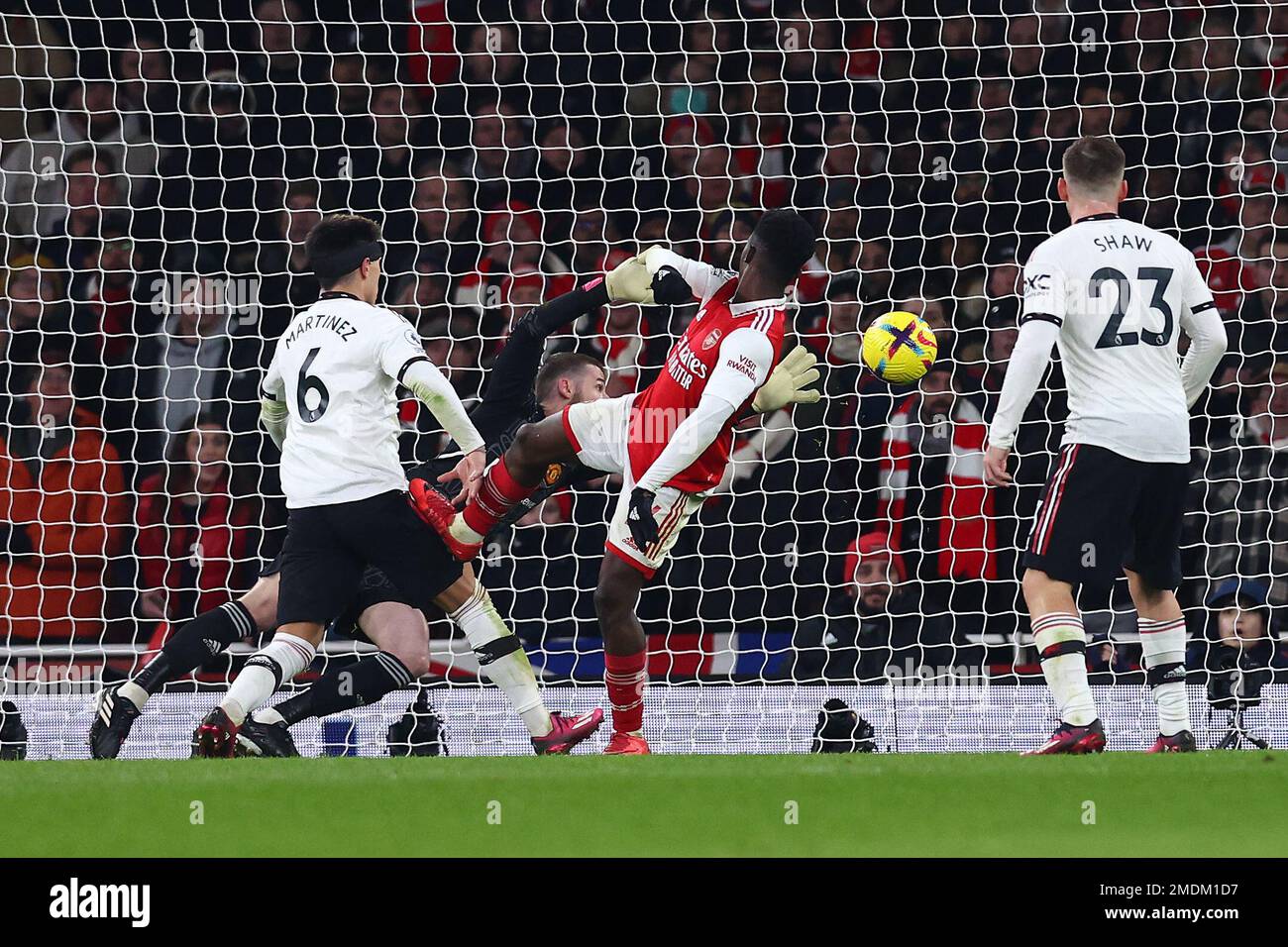 London, UK. 22nd Jan, 2023. Eddie Nketiah of Arsenal scoring his sides third goal during the Premier League match at the Emirates Stadium, London. Picture credit should read: David Klein/Sportimage Credit: Sportimage/Alamy Live News Stock Photo