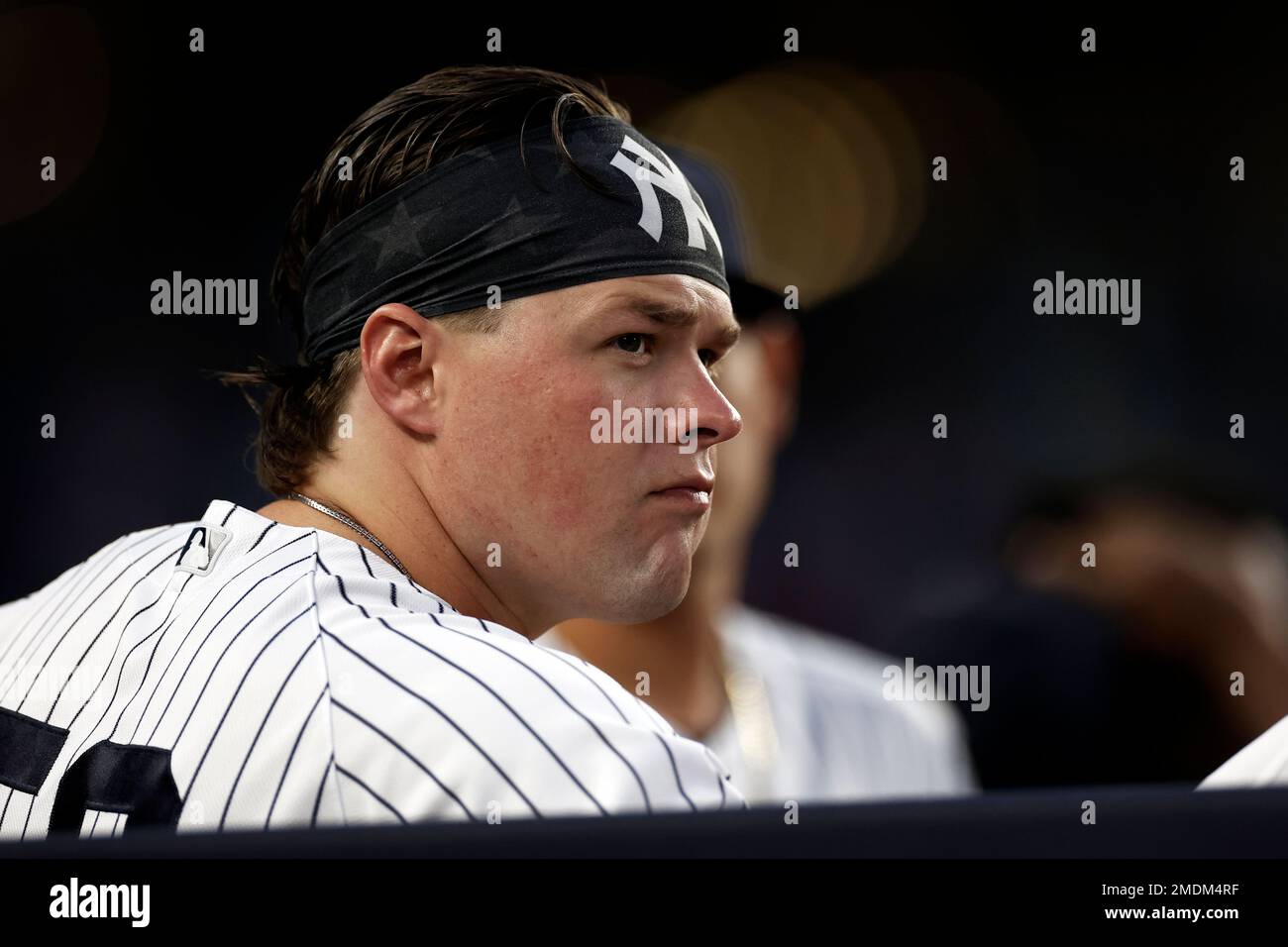 New York Yankees first baseman Luke Voit (59) looks on from the dugout  against the Toronto Blue Jays during the first inning of a baseball game on  Wednesday, Sept. 8, 2021, in