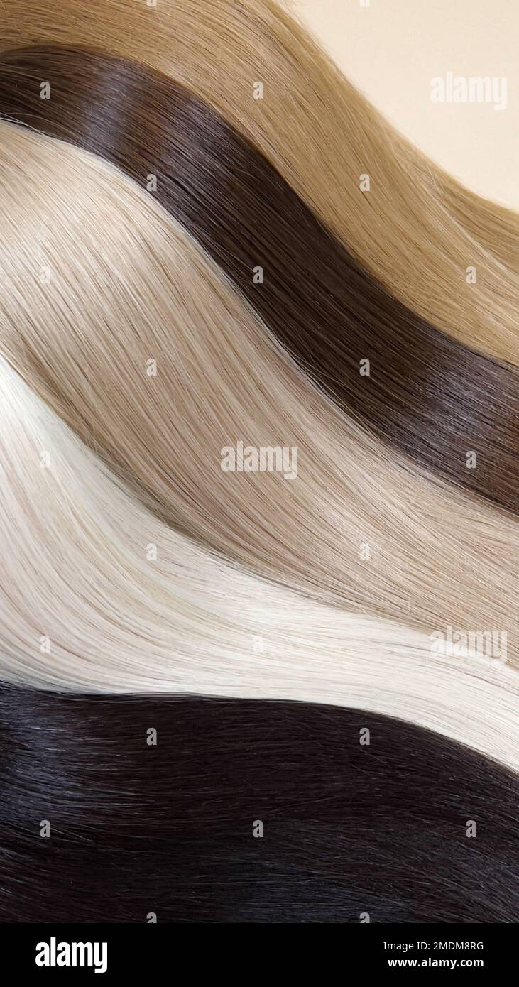 Strands of natural hair of different colors for extensions. Hair color