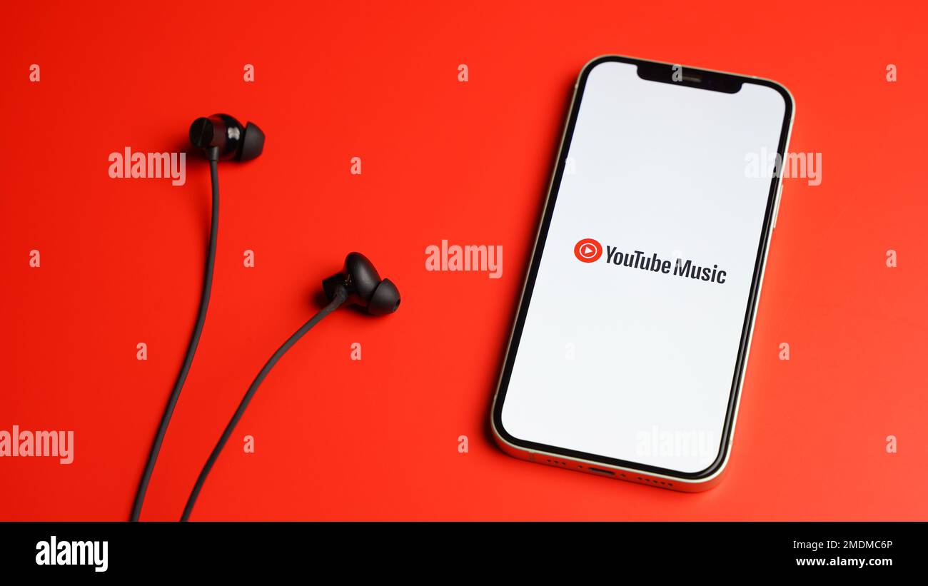 YouTube music app on the smartphone, app for music, radio and podcast  streaming, ios smart phone, iPhone 12 screen isolated over color background  Stock Photo - Alamy